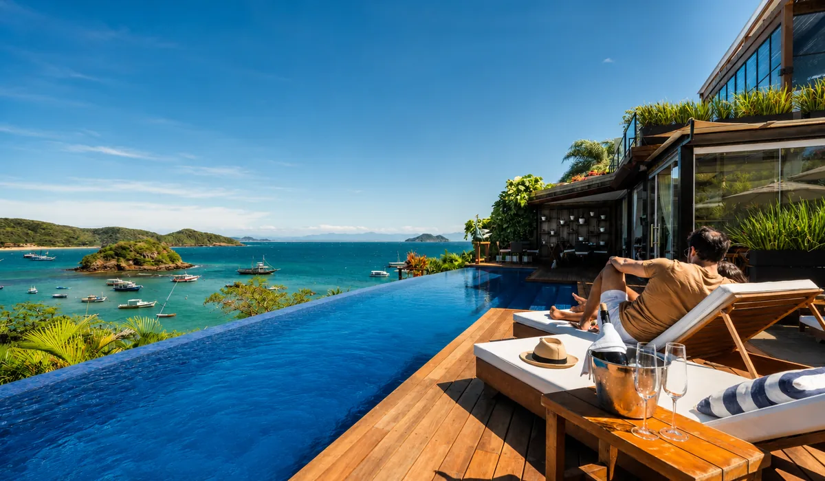 Piscina de borda infinita do Abracadabra Boutique Hotel com vista para a Baía da Armação em Búzios