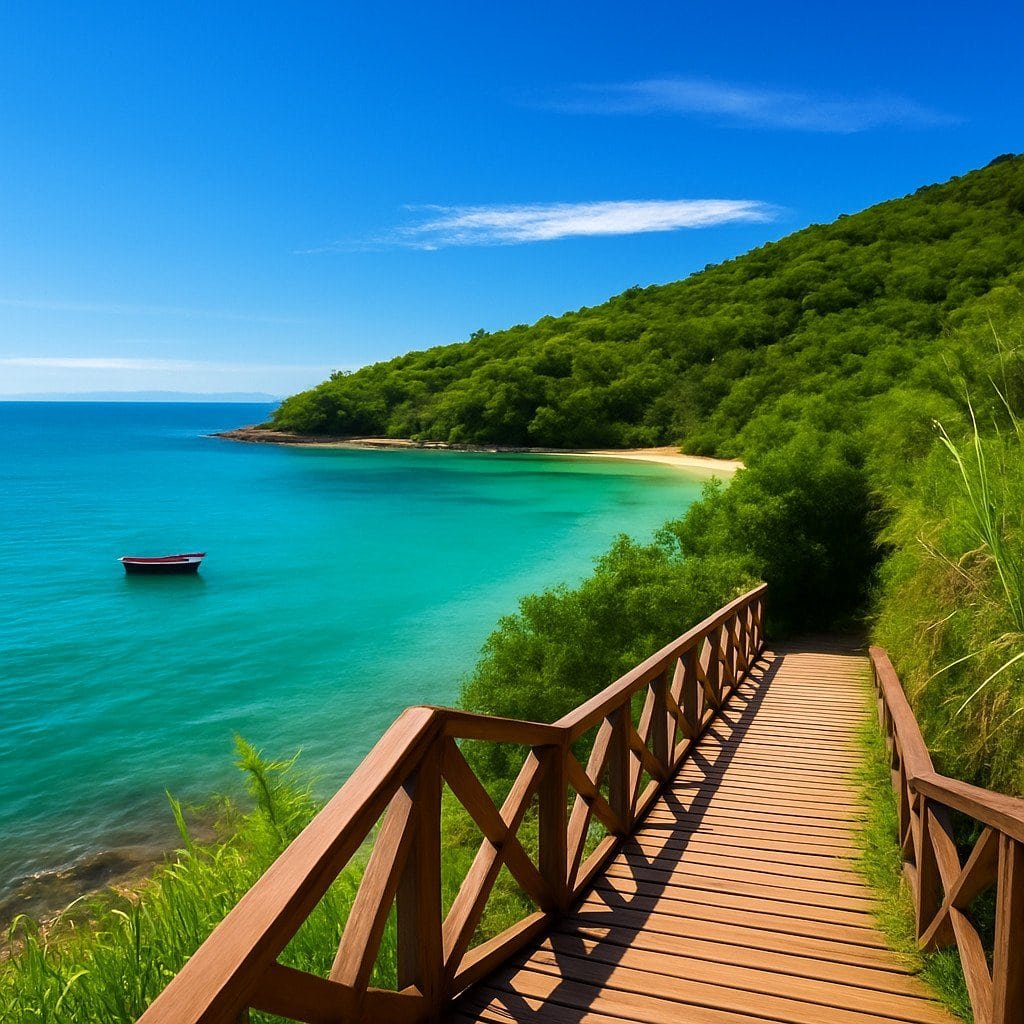 Passarela de madeira que leva à Praia Azeda, em Búzios, com mar azul-turquesa e vegetação preservada ao fundo