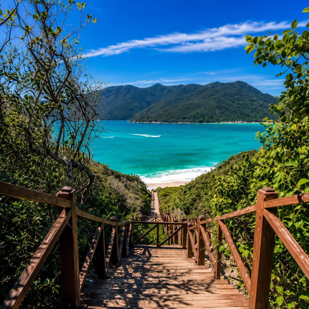 Escadaria de madeira para a Praia do Pontal do Atalaia, em Arraial do Cabo, com mar azul-turquesa, faixa de areia branca e morros verdes ao fundo