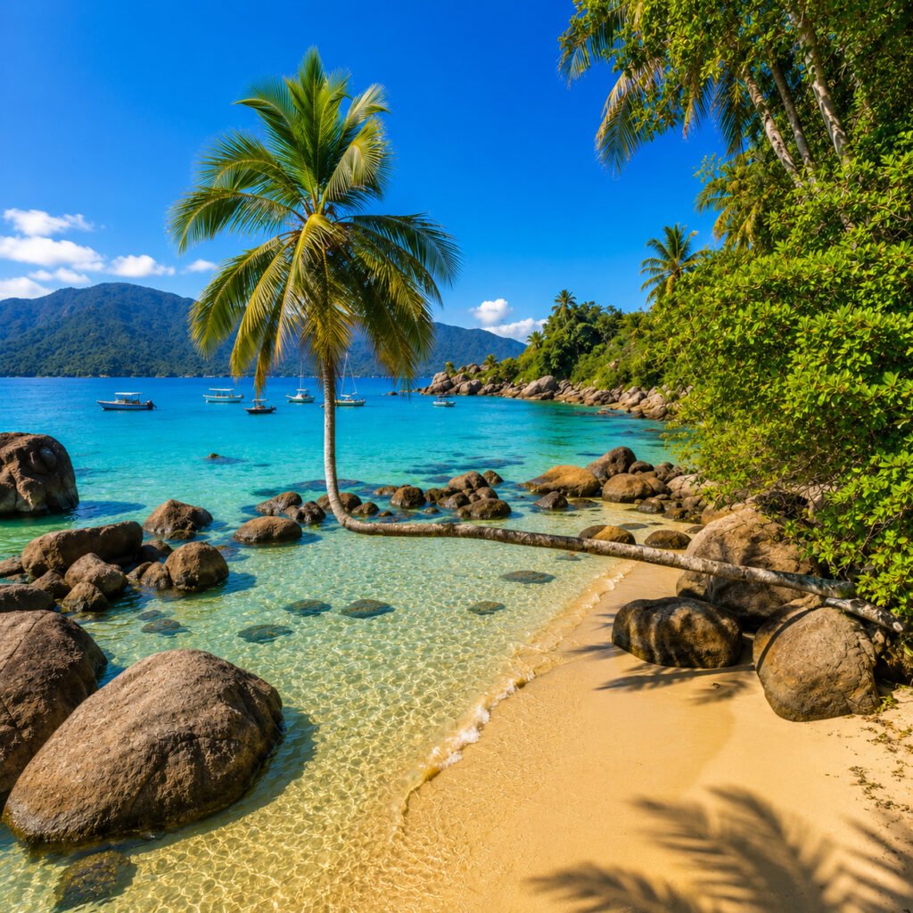 Praia do Aventureiro em Angra dos Reis, com coqueiro inclinado sobre a areia clara, mar azul-turquesa e montanhas ao fundo