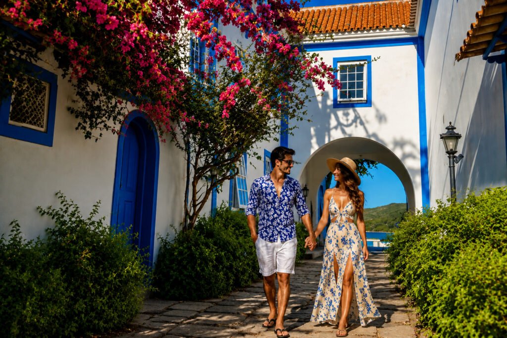 Casal caminhando de mãos dadas pelas ruas de arquitetura colonial do charmoso Bairro da Passagem em Cabo Frio.