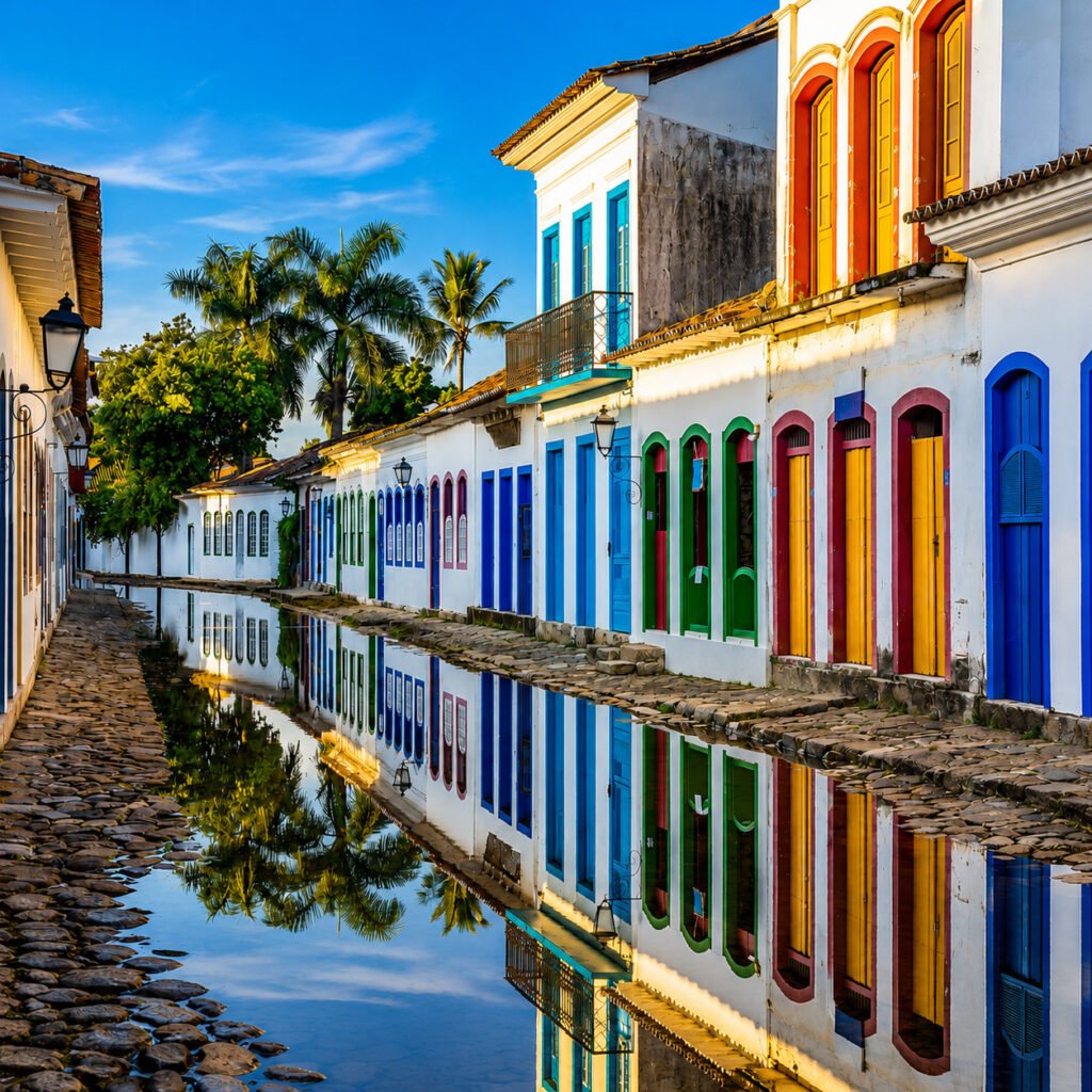 Casarões coloniais coloridos refletidos nas águas da maré no Centro Histórico de Paraty, um dos destinos turísticos mais charmosos do Rio de Janeiro.