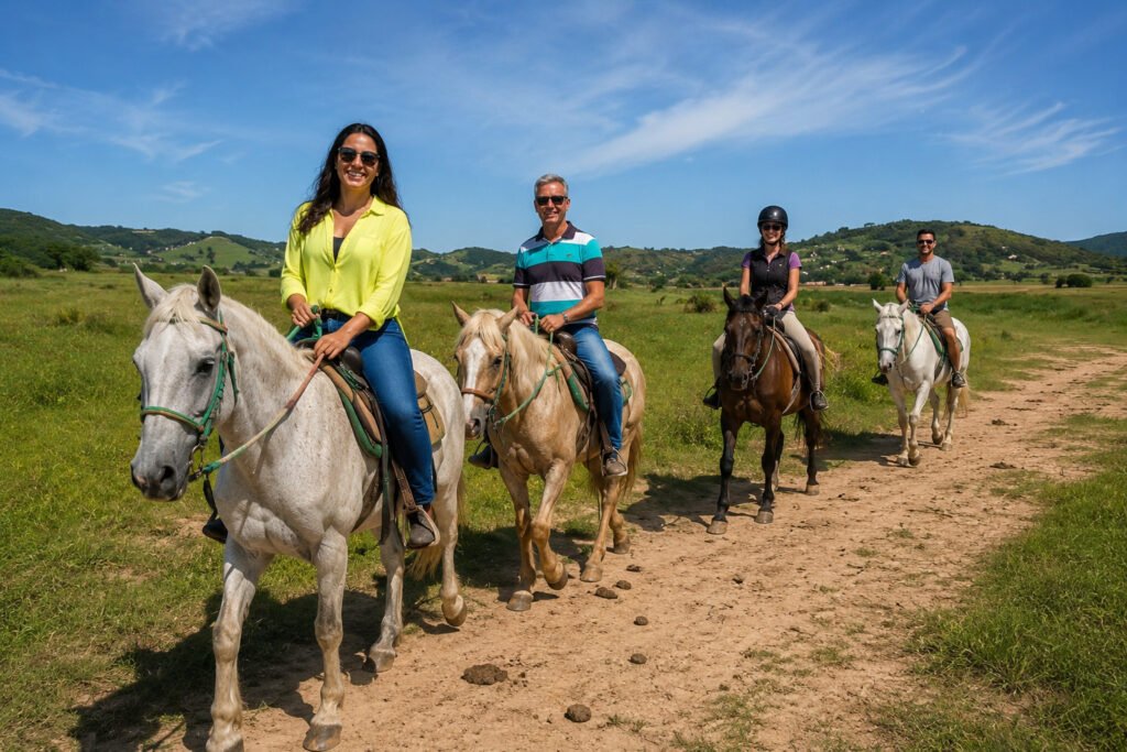 Famílias e iniciantes realizando passeio a cavalo pela Fazenda Baía Formosa em Búzios.