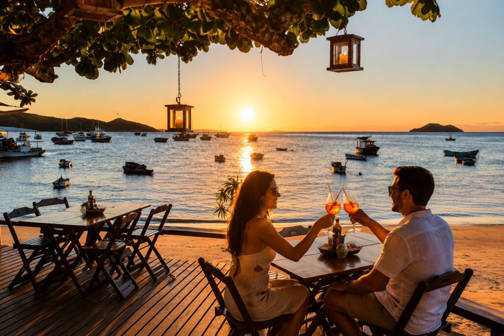Casal brindando com drinks na praia durante o famoso pôr do sol no Porto da Barra em Búzios.