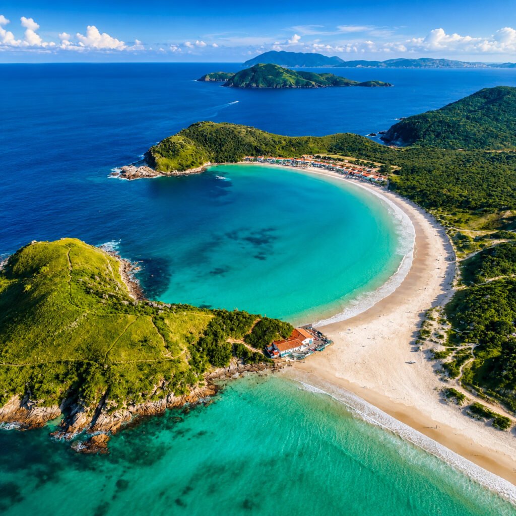 Vista aérea da Praia do Peró e da Praia das Conchas em Cabo Frio, com águas cristalinas, areia branca e vegetação preservada na Região dos Lagos.