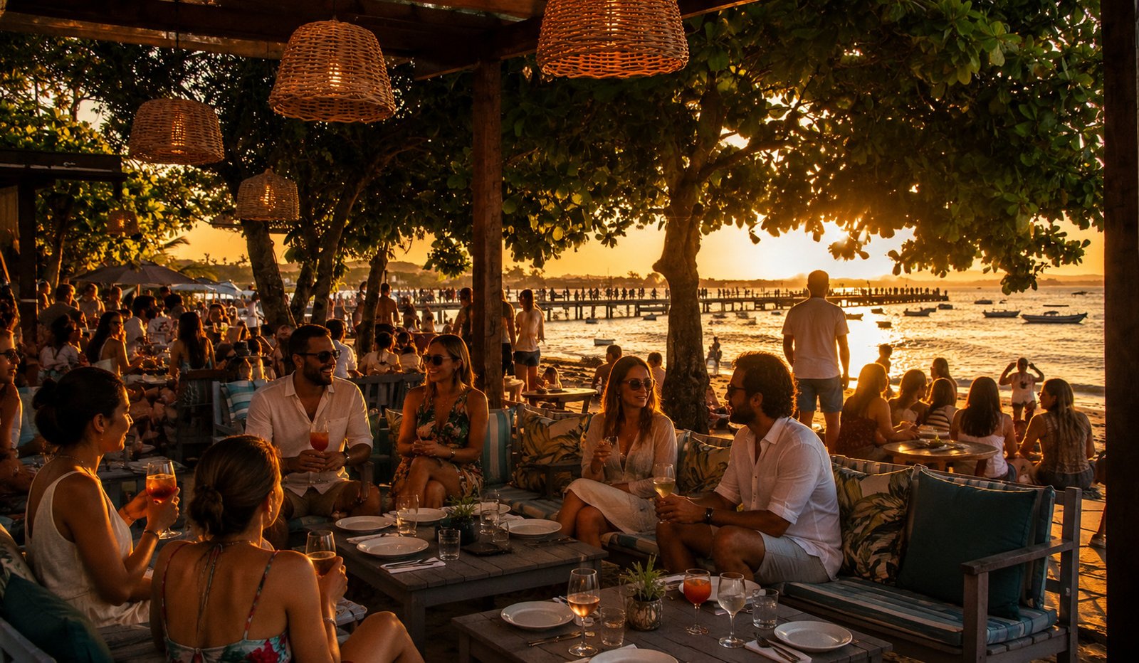 Porto da Barra em Búzios com restaurantes à beira-mar e pôr do sol em Manguinhos